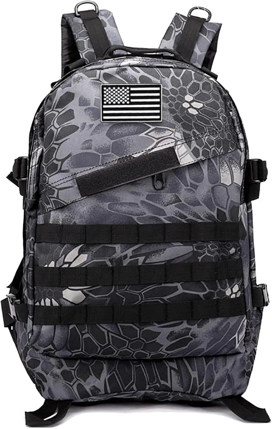 LIMHOO Camo Backpack, 40L Military Tactical Backpack, Hiking Trekking Rucksack with USA Flag Patch (Python Black)