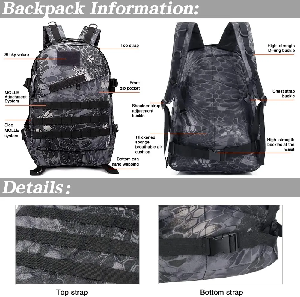 LIMHOO Camo Backpack, 40L Military Tactical Backpack, Hiking Trekking Rucksack with USA Flag Patch (Python Black)