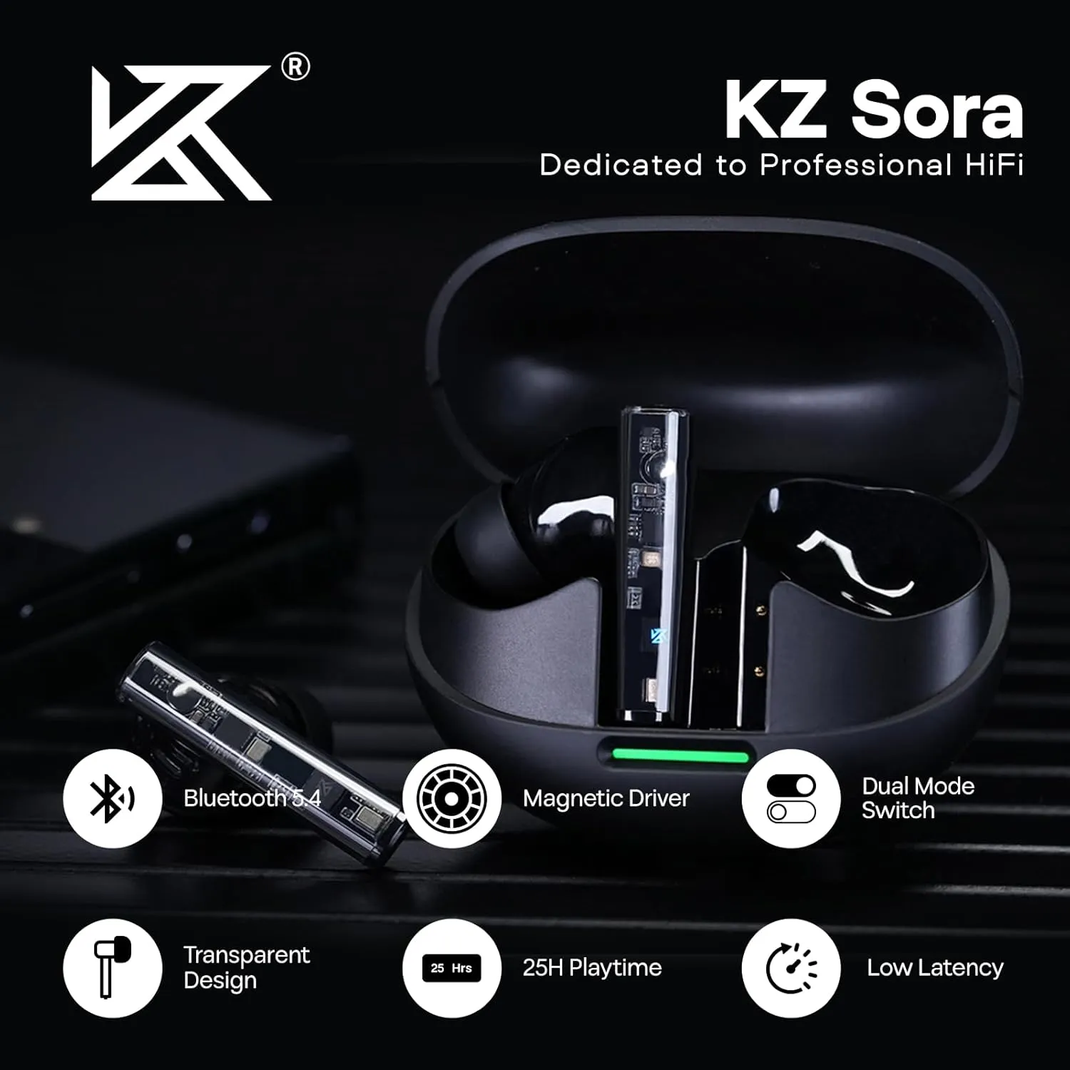 Linsoul KZ Sora TWS Wireless Earbuds, Super Linear Wideband Internal Magnetic Driver IEM, Bluetooth 5.4 HiFi in Ear Monitor, 25H Playtime, SBC AAC Dual Modes Earphones for Musician Audiophile