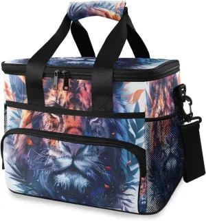Lion Palm Leave Animal Head Cooler Bag Insulated Cooler Soft Sided Cooler 24 Can Portable Picnic Bag Large Leakproof Lunch Bag Box for Beach Grocery Camping Travel Car Men Women
