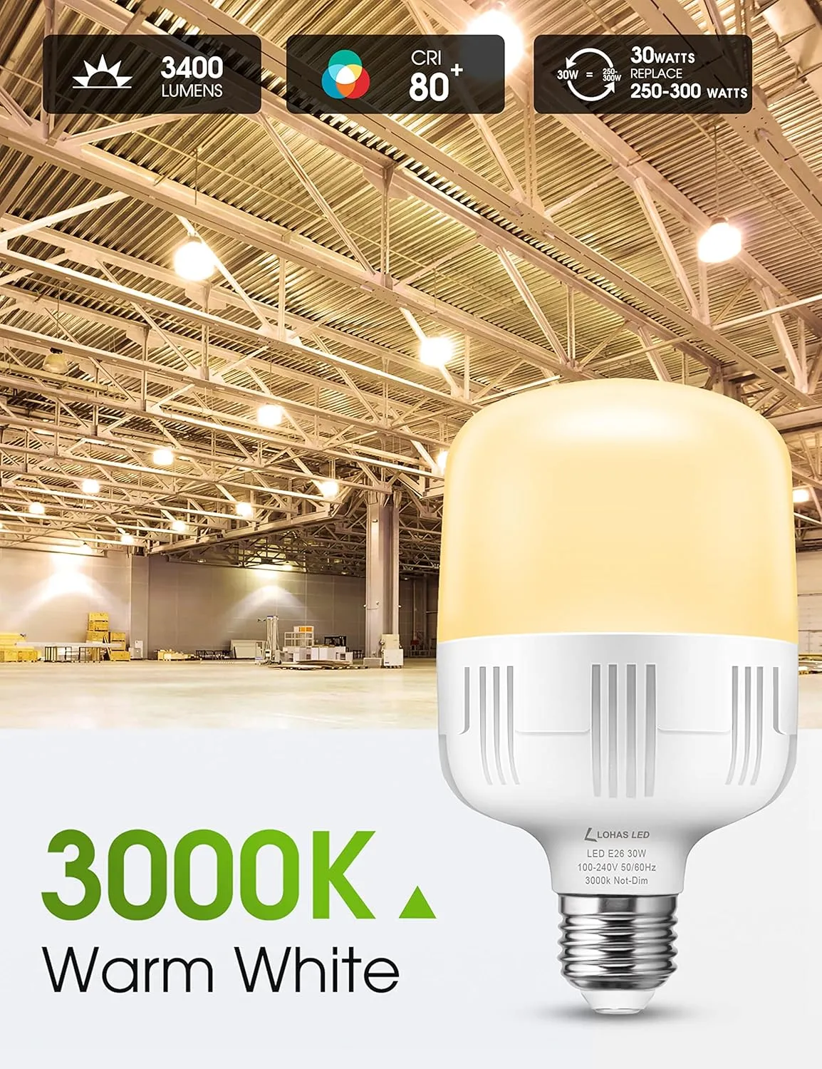LOHAS Super Bright Light Bulbs, 250-300W Equivalent, 3400LM E26 Garage LED Bulb, 3000K Soft White, 30 Watt High Lumen LED Bulb, w/E39 Adapter for Commercial Warehouse Workshop Factory Backyard, 2 Pack