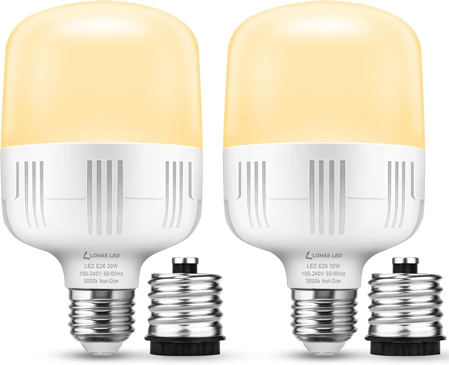 LOHAS Super Bright Light Bulbs, 250-300W Equivalent, 3400LM E26 Garage LED Bulb, 3000K Soft White, 30 Watt High Lumen LED Bulb, w/E39 Adapter for Commercial Warehouse Workshop Factory Backyard, 2 Pack