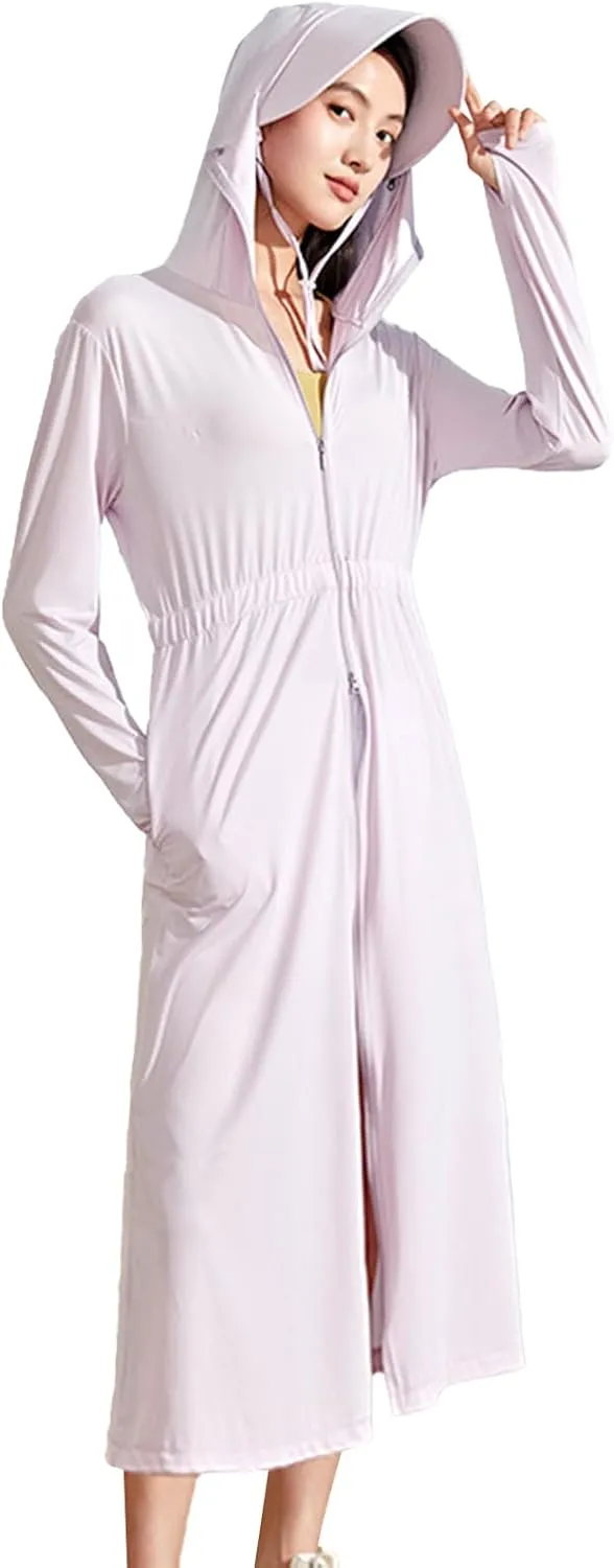 Long Women UPF 50  Sun Protection Hooded Ice Silk Coat with Pockets Hiking Outdoor Anti-UV Jacket
