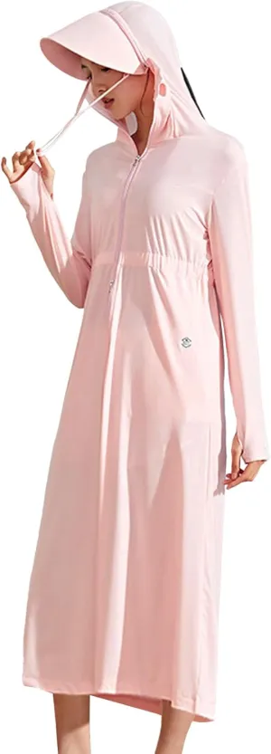 Long Women UPF 50  Sun Protection Hooded Ice Silk Coat with Pockets Hiking Outdoor Anti-UV Jacket