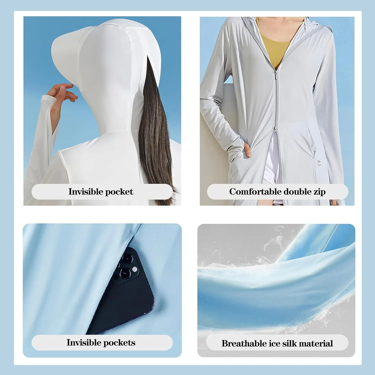 Long Women UPF 50  Sun Protection Hooded Ice Silk Coat with Pockets Hiking Outdoor Anti-UV Jacket