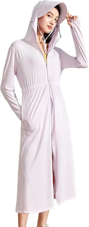 Long Women UPF 50  Sun Protection Hooded Ice Silk Coat with Pockets Hiking Outdoor Anti-UV Jacket