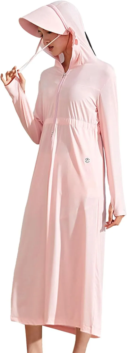 Long Women UPF 50  Sun Protection Hooded Ice Silk Coat with Pockets Hiking Outdoor Anti-UV Jacket