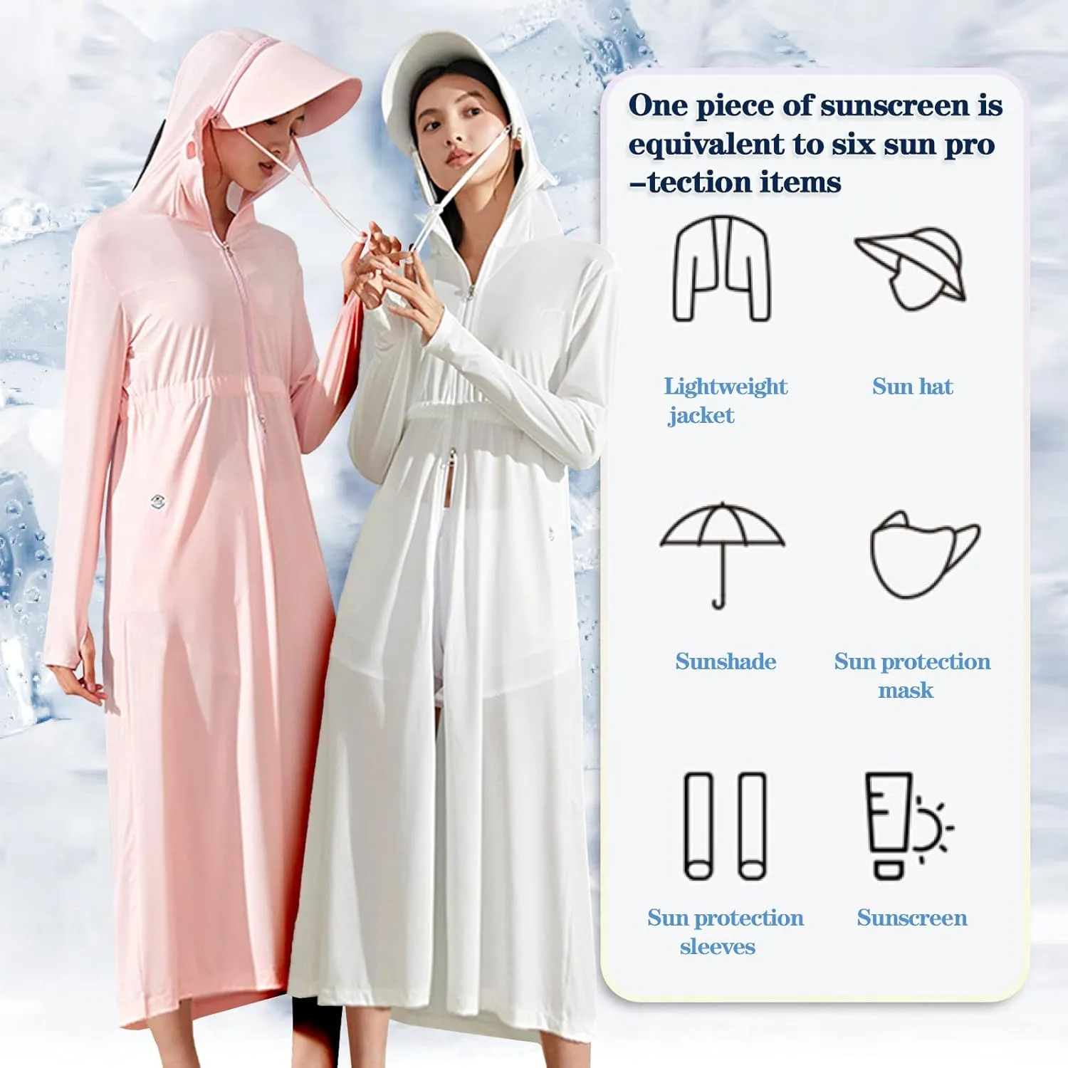 Long Women UPF 50  Sun Protection Hooded Ice Silk Coat with Pockets Hiking Outdoor Anti-UV Jacket