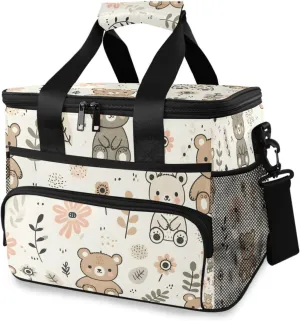 Lovely Bear Simple Flowers Cooler Bag Insulated Cooler Soft Sided Cooler 24 Can Portable Picnic Bag Large Leakproof Lunch Bag Box for Beach Grocery Camping Travel Car Men Women