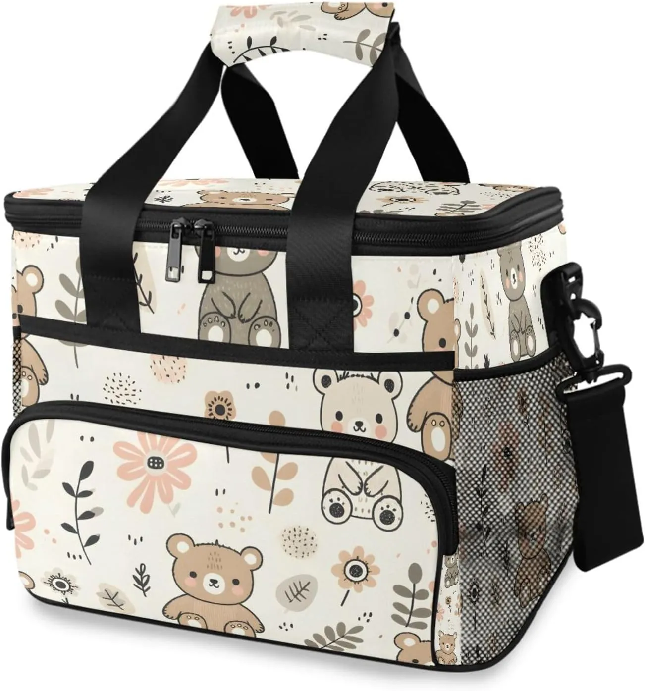 Lovely Bear Simple Flowers Cooler Bag Insulated Cooler Soft Sided Cooler 24 Can Portable Picnic Bag Large Leakproof Lunch Bag Box for Beach Grocery Camping Travel Car Men Women