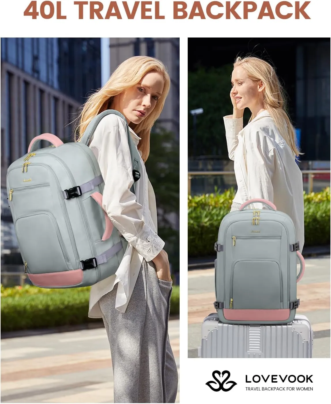 LOVEVOOK 50L Travel Backpack for Women Flight Approved, Carry on Backpack for Airplanes, TSA Personal Item Travel Bag, Waterproof 18 Inch Laptop Backpack, Business Weekender Overnight Daypack, 4Pcs
