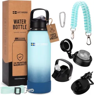 LUFT SWEDEN 32 oz Sky Blue Insulated Water Bottle with Straw Lid – Leakproof Stainless Steel, Dishwasher Safe – Reusable Double Wall Gym Thermos – BPA-Free & Sweatproof Cold Drink Bottle