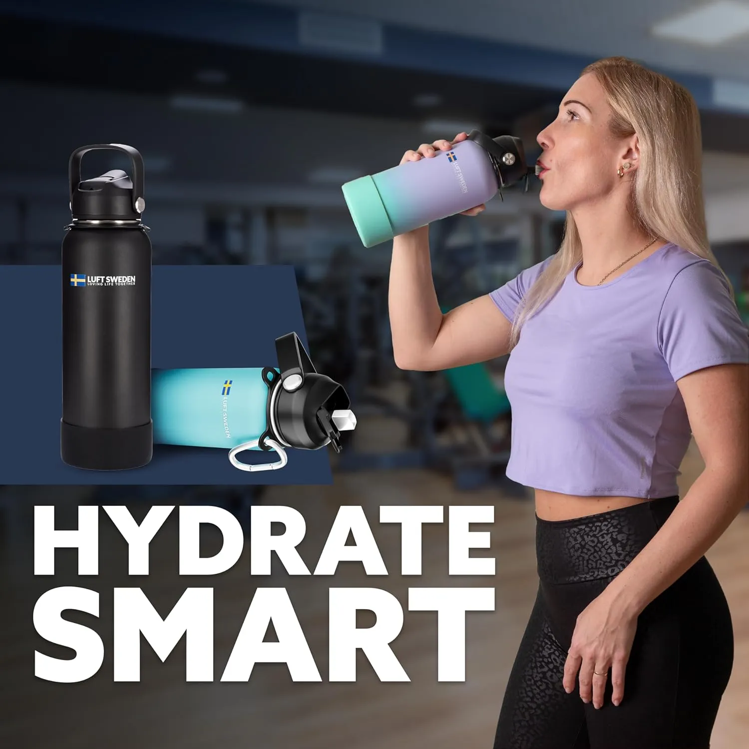 LUFT SWEDEN 32 oz Sky Blue Insulated Water Bottle with Straw Lid – Leakproof Stainless Steel, Dishwasher Safe – Reusable Double Wall Gym Thermos – BPA-Free & Sweatproof Cold Drink Bottle