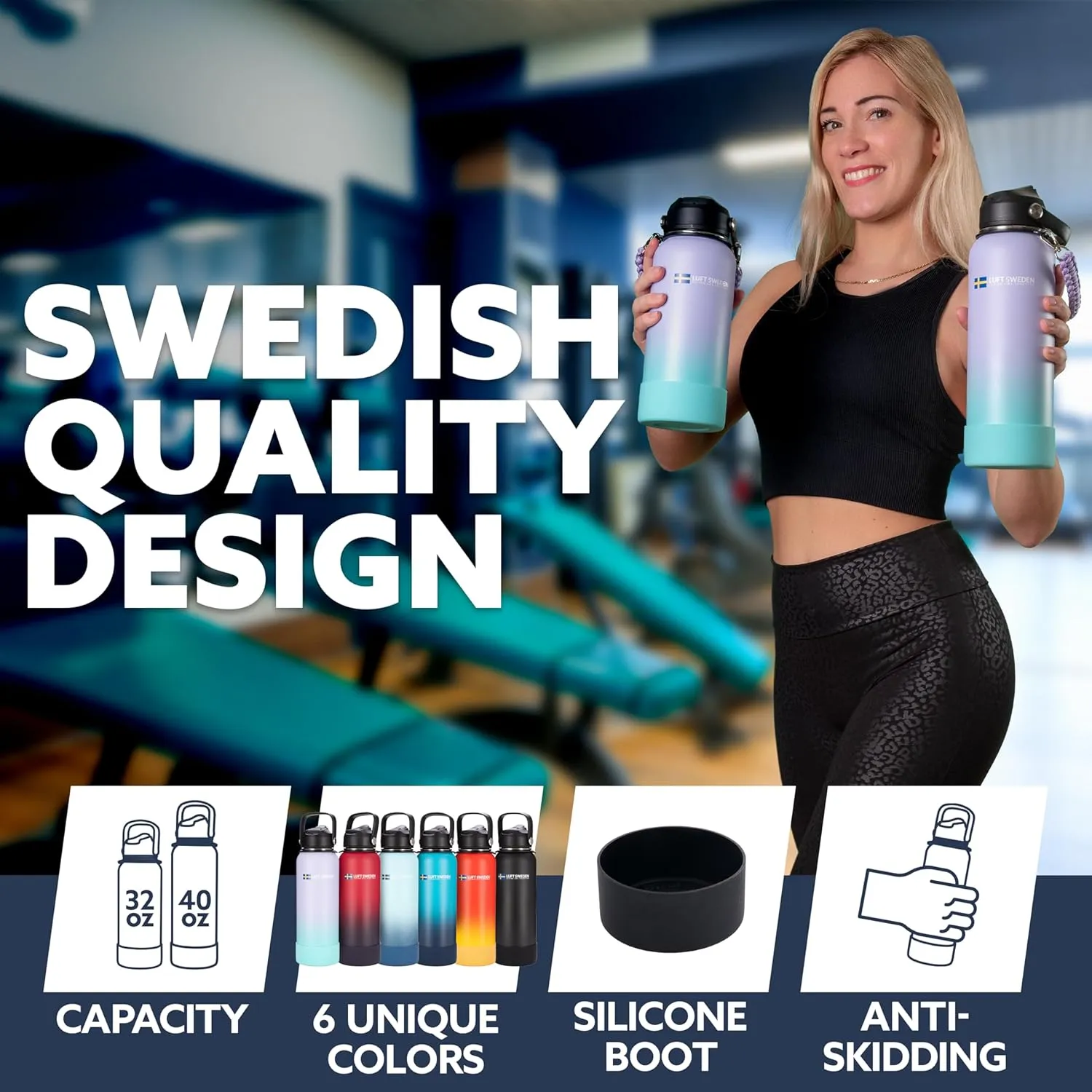 LUFT SWEDEN 40 oz Insulated Water Bottle with Straw Lid – Red & Purple – Stainless Steel, Leakproof, Dishwasher Safe – Double Wall Gym Flask for Ice-Cold Drinks – BPA-Free Reusable Thermos