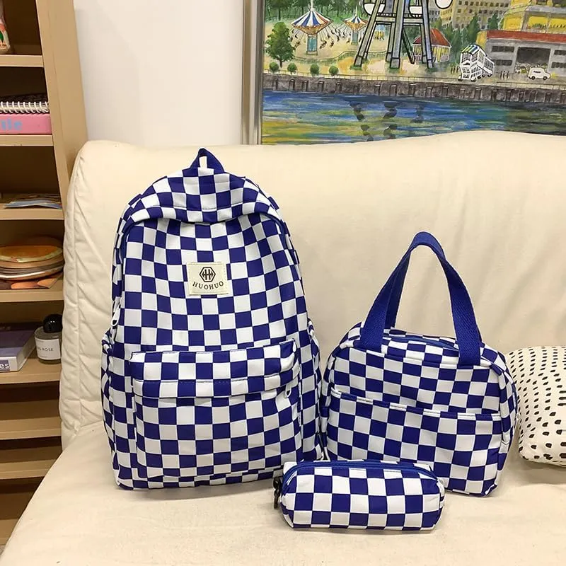 Lushandy 3PCS Checkered Backpack with Lunch Bag, Womens College Backpack Set Cute Aesthetic Daypack Checkered Laptop Backpack