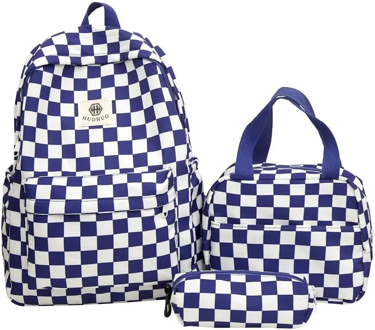 Lushandy 3PCS Checkered Backpack with Lunch Bag, Womens College Backpack Set Cute Aesthetic Daypack Checkered Laptop Backpack