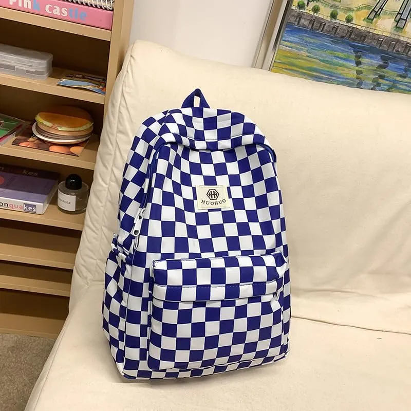 Lushandy 3PCS Checkered Backpack with Lunch Bag, Womens College Backpack Set Cute Aesthetic Daypack Checkered Laptop Backpack