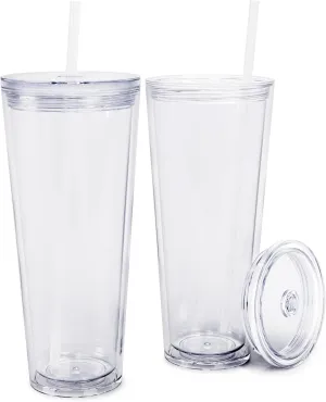 Maars Classic Acrylic Tumbler with Lid and Straw | 32oz Premium Insulated Iced Coffee Cups, Double Wall Reusable Plastic Cups - Clear, 2 Pack