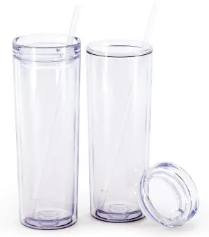 Maars Skinny Acrylic Tumbler with Lid and Straw | 18oz Premium Insulated Double Wall Plastic Reusable Cups - Clear, 2 Pack