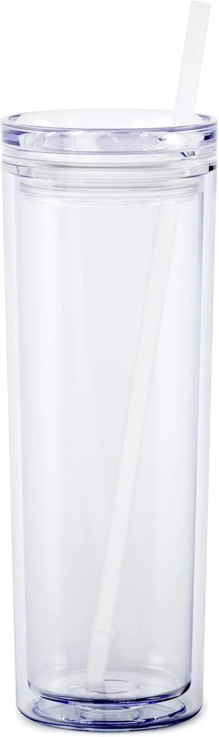 Maars Skinny Acrylic Tumbler with Lid and Straw | 18oz Premium Insulated Double Wall Plastic Reusable Cups - Clear, 2 Pack