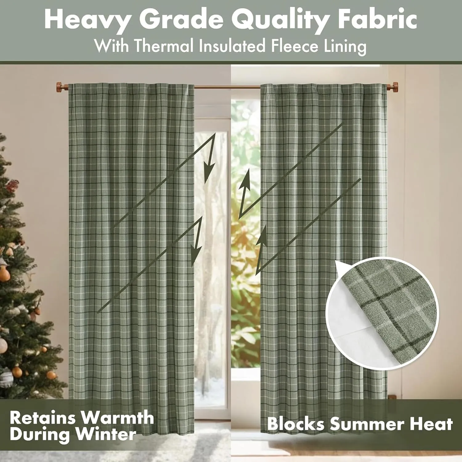 Madison Park Anaheim Cabin Plaid Curtain Window, Thermal Insulated Fleece Lining, Living Room Decor Room Darkening Drape for Bedroom, 1-Single Panel Pack, 50" x 84" Rod Pocket, Green