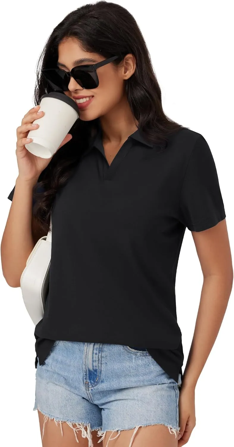 MAGCOMSEN Women's Polo Shirts Cotton Short Sleeve V-Neck Collared Tops Golf Shirt Work Casual Summer Tee