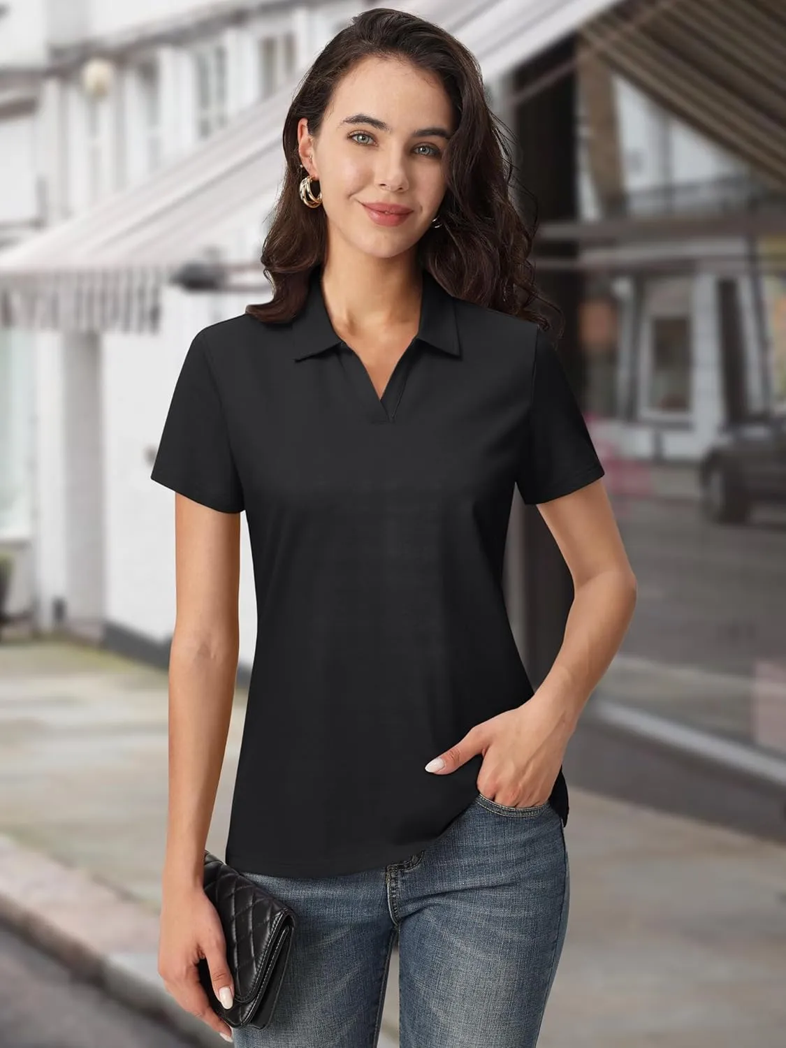 MAGCOMSEN Women's Polo Shirts Cotton Short Sleeve V-Neck Collared Tops Golf Shirt Work Casual Summer Tee