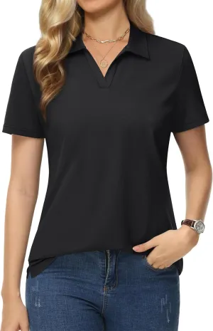 MAGCOMSEN Women's Polo Shirts Cotton Short Sleeve V-Neck Collared Tops Golf Shirt Work Casual Summer Tee