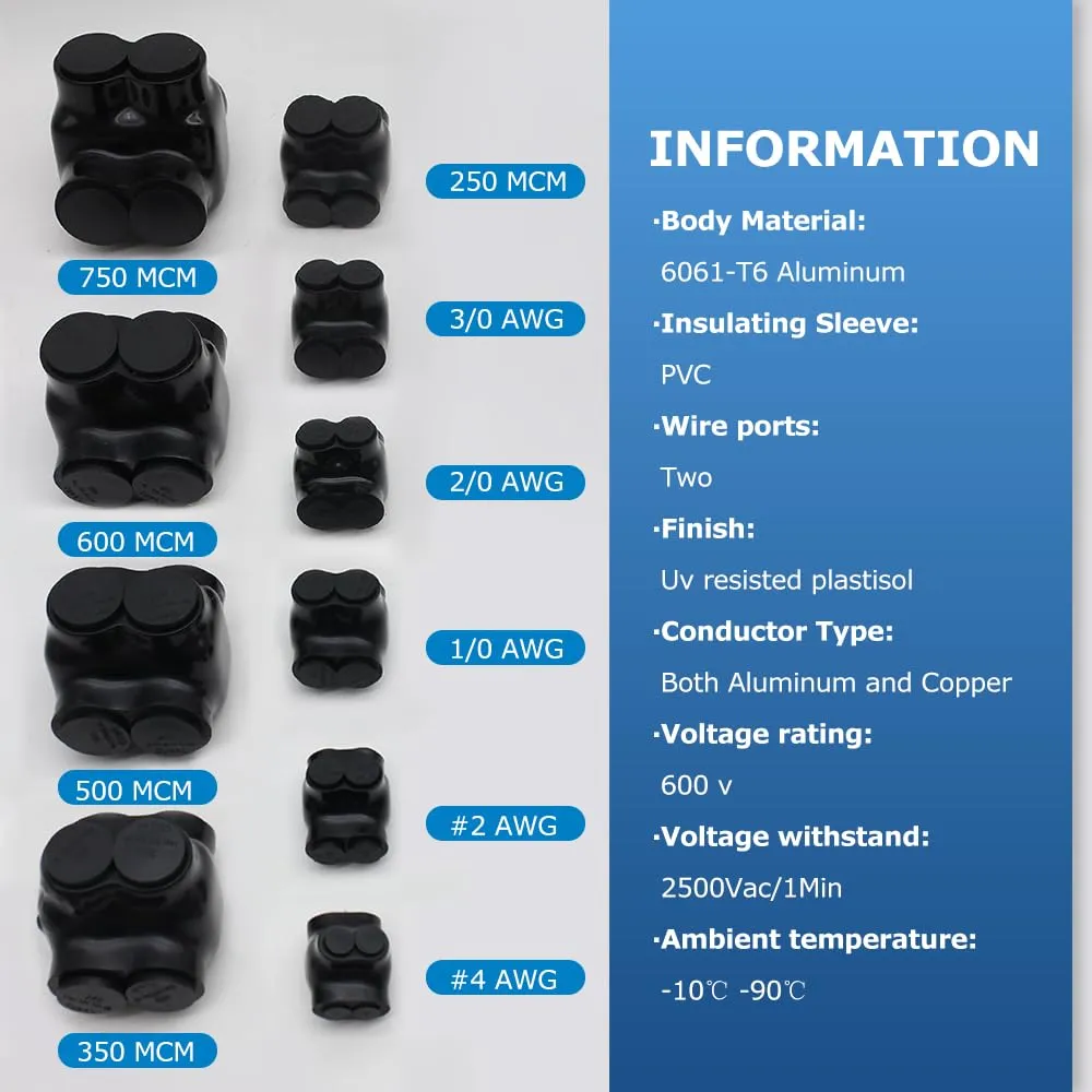 MAKERELE 1-Pack 250-6AWG Insulated Connectors, 6 Gauge Wire Connectors, 2 Port Insulated Inline Splice Connector with Dual Sided Entry, Pre-Filled Oxide Inhibitor,Safety and Durability (6AWG-250kcmil)