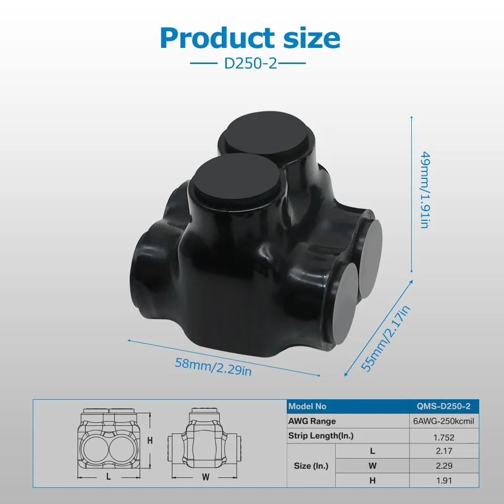 MAKERELE 1-Pack 250-6AWG Insulated Connectors, 6 Gauge Wire Connectors, 2 Port Insulated Inline Splice Connector with Dual Sided Entry, Pre-Filled Oxide Inhibitor,Safety and Durability (6AWG-250kcmil)