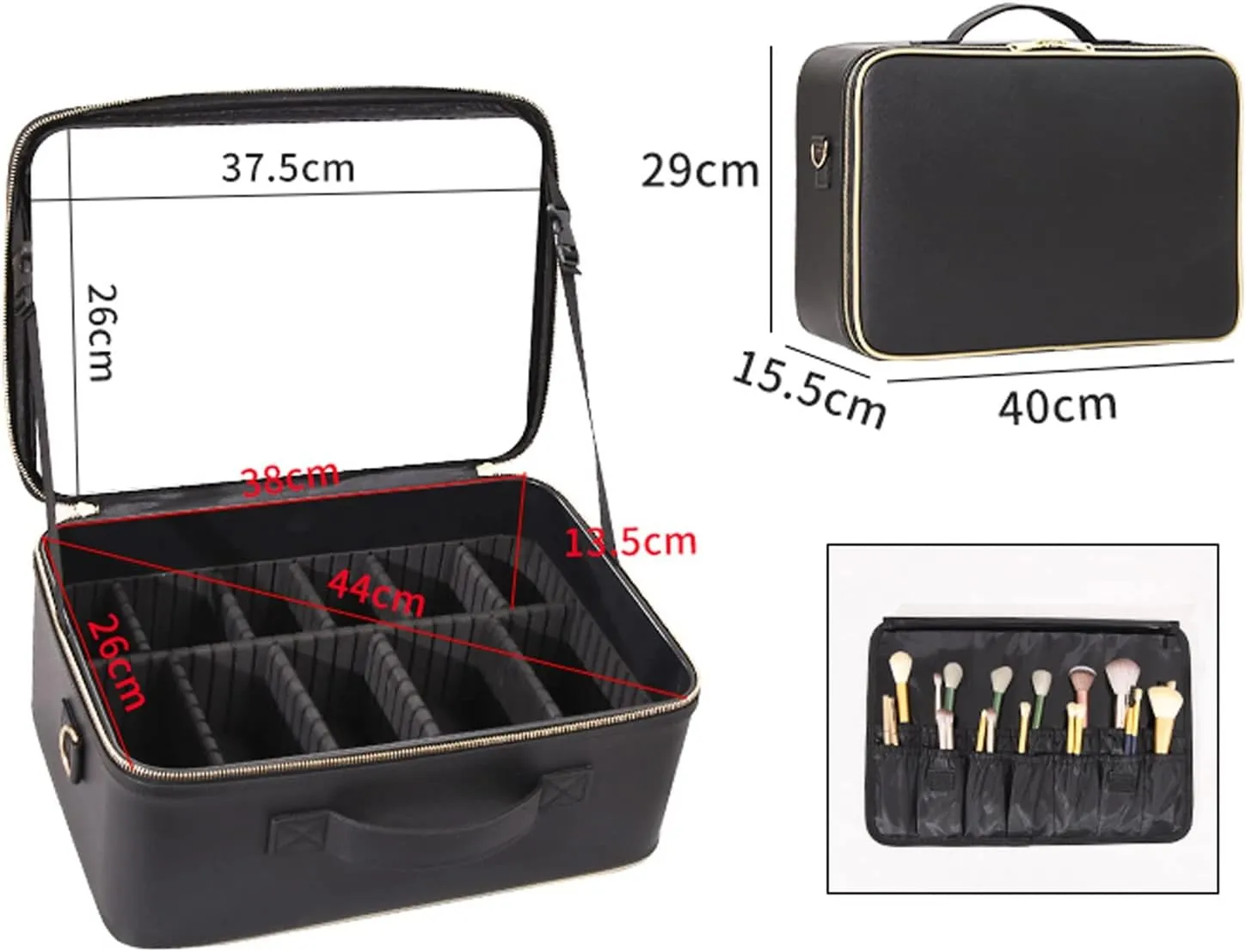 Makeup Bag Cosmetic Case Portable Travel Vanity Beauty Box , With Shoulder Strap And Dividers Compartment, Adjustable Dividers, Cosmetic Bag With Mirror, PU Leather Fabric,Black cosmetic case ( Color