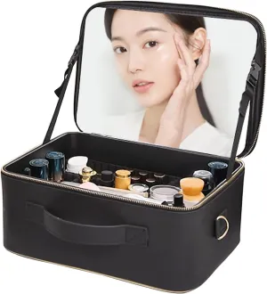Makeup Bag Cosmetic Case Portable Travel Vanity Beauty Box , With Shoulder Strap And Dividers Compartment, Adjustable Dividers, Cosmetic Bag With Mirror, PU Leather Fabric,Black cosmetic case ( Color