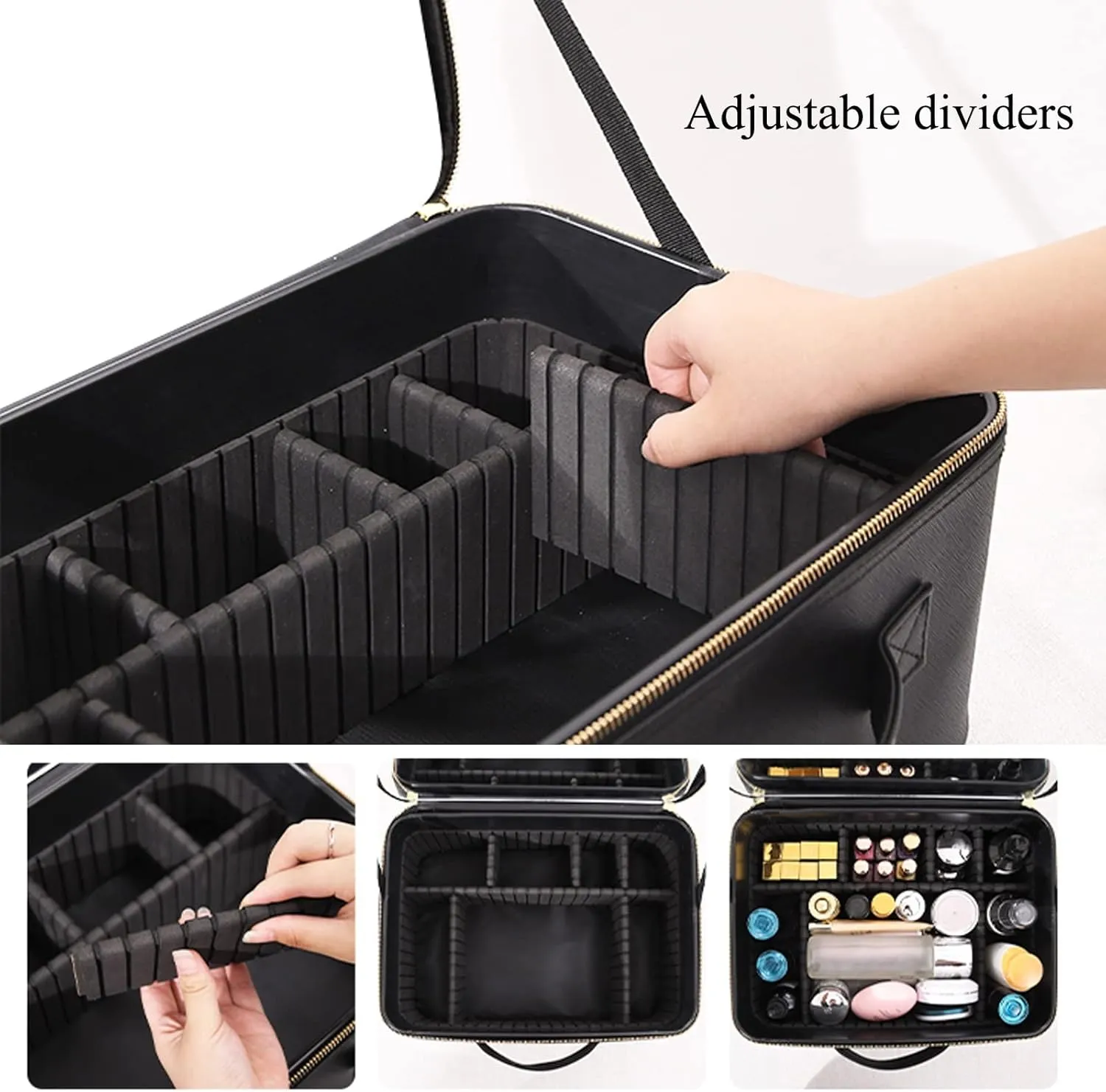 Makeup Bag Cosmetic Case Portable Travel Vanity Beauty Box , With Shoulder Strap And Dividers Compartment, Adjustable Dividers, Cosmetic Bag With Mirror, PU Leather Fabric,Black cosmetic case ( Color