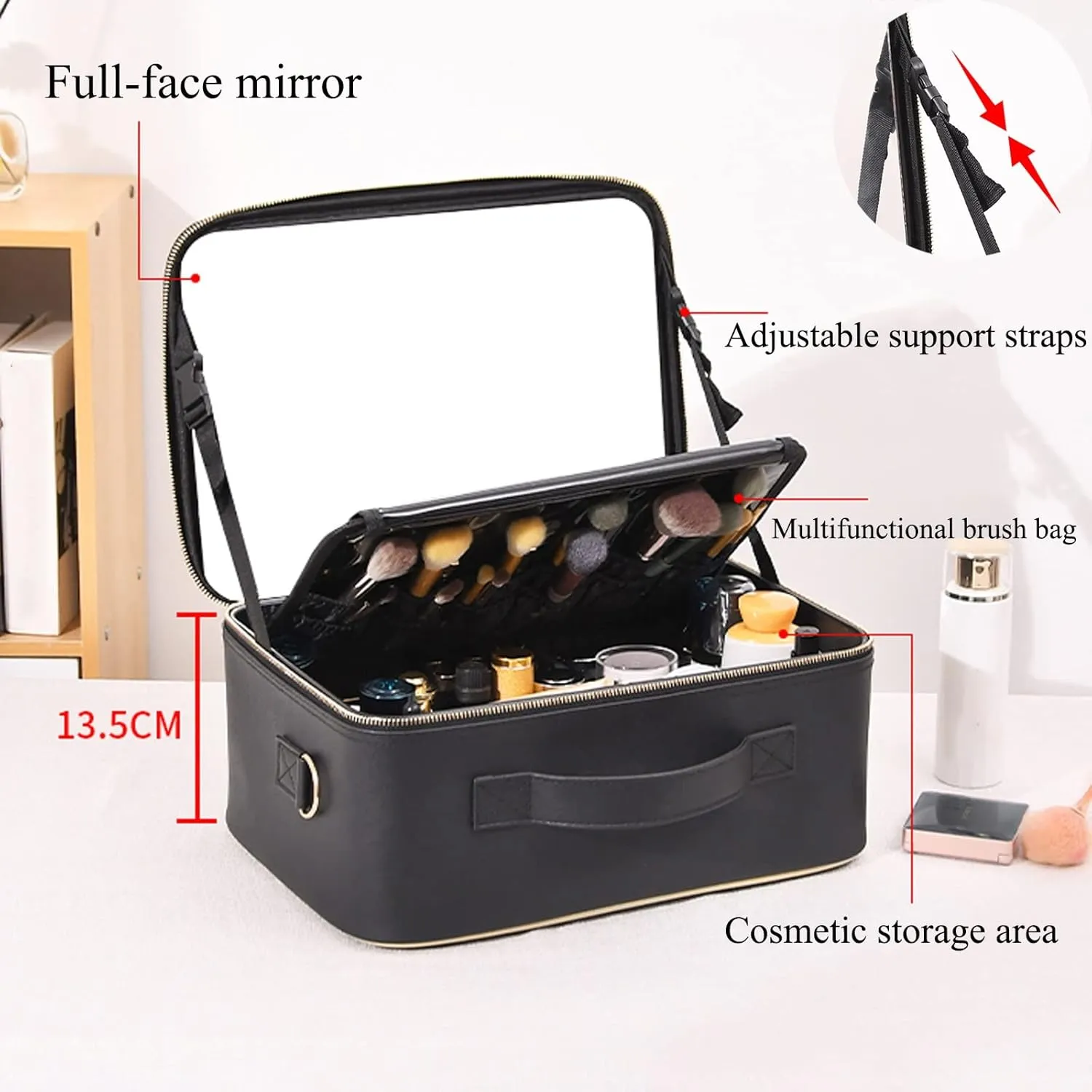 Makeup Bag Cosmetic Case Portable Travel Vanity Beauty Box , With Shoulder Strap And Dividers Compartment, Adjustable Dividers, Cosmetic Bag With Mirror, PU Leather Fabric,Black cosmetic case ( Color