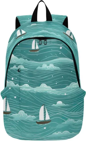 MCHIVER Travel Backpack Sea Wave Sailboats Casual Daypack Backpacks Lightweight Carry on Bag Water Resistant Hiking Backpack for Men and Women