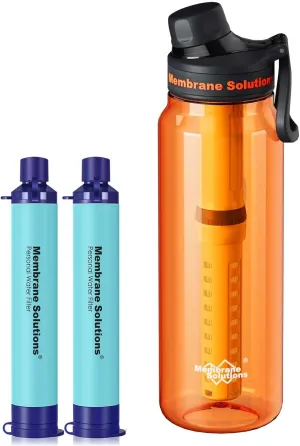 Membrane Solutions 36oz C3 ACF UF Filtered Water Bottle with 2 Packs Outdoor Water Filter Straw