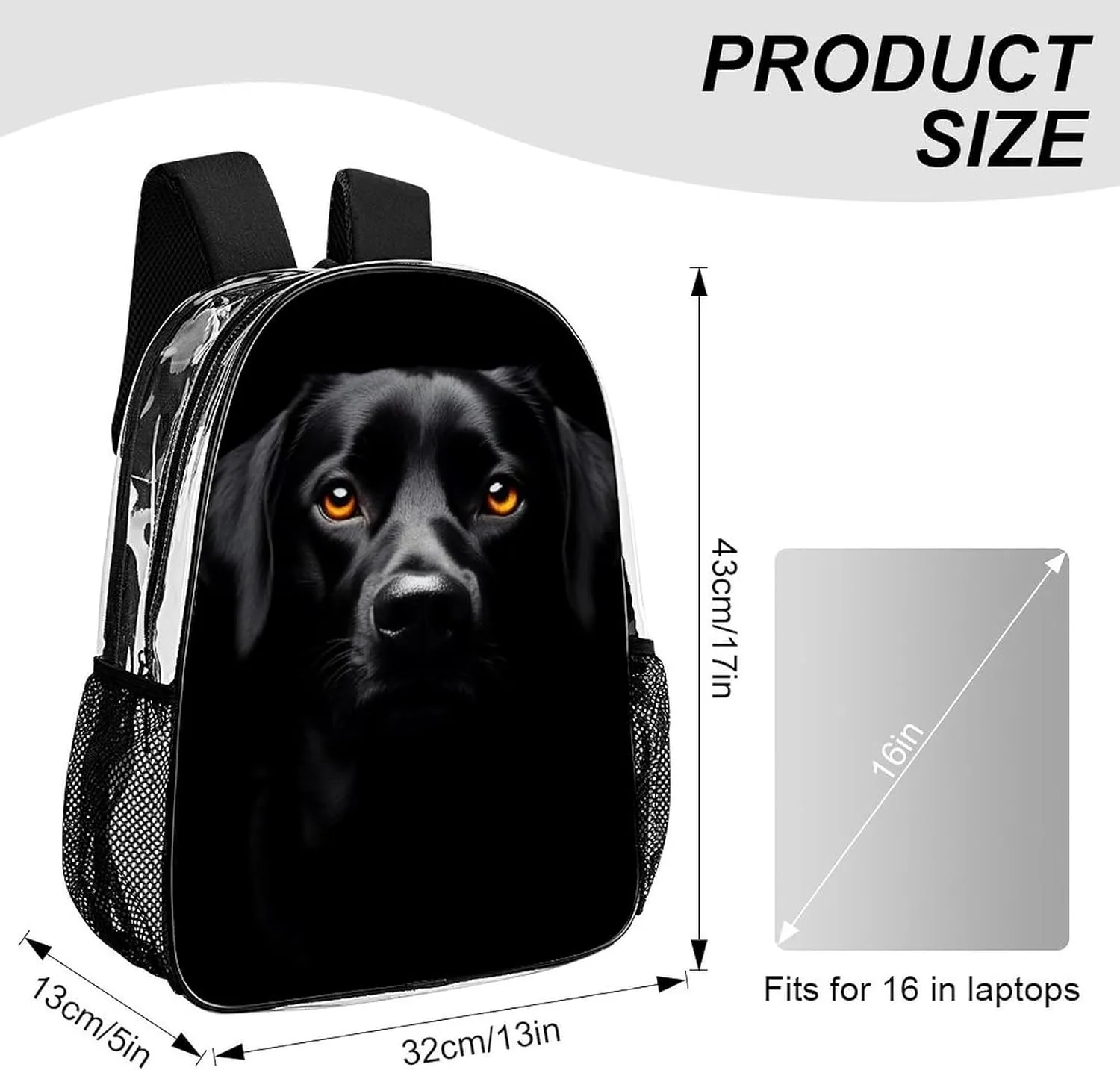 Men & Women Transparent Black Labrador Dog Backpack Large Capacity Bookbag With Smooth Zippers for Climbing Picnic Bicycle