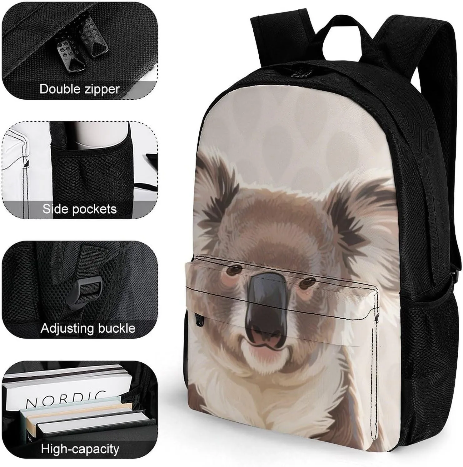 Men Women Polyester Cute Cartoon Koala Art Daypack Bookbag Big Capacity Shoulder Bag With Padded Straps for Climbing Travel Walking Cycling