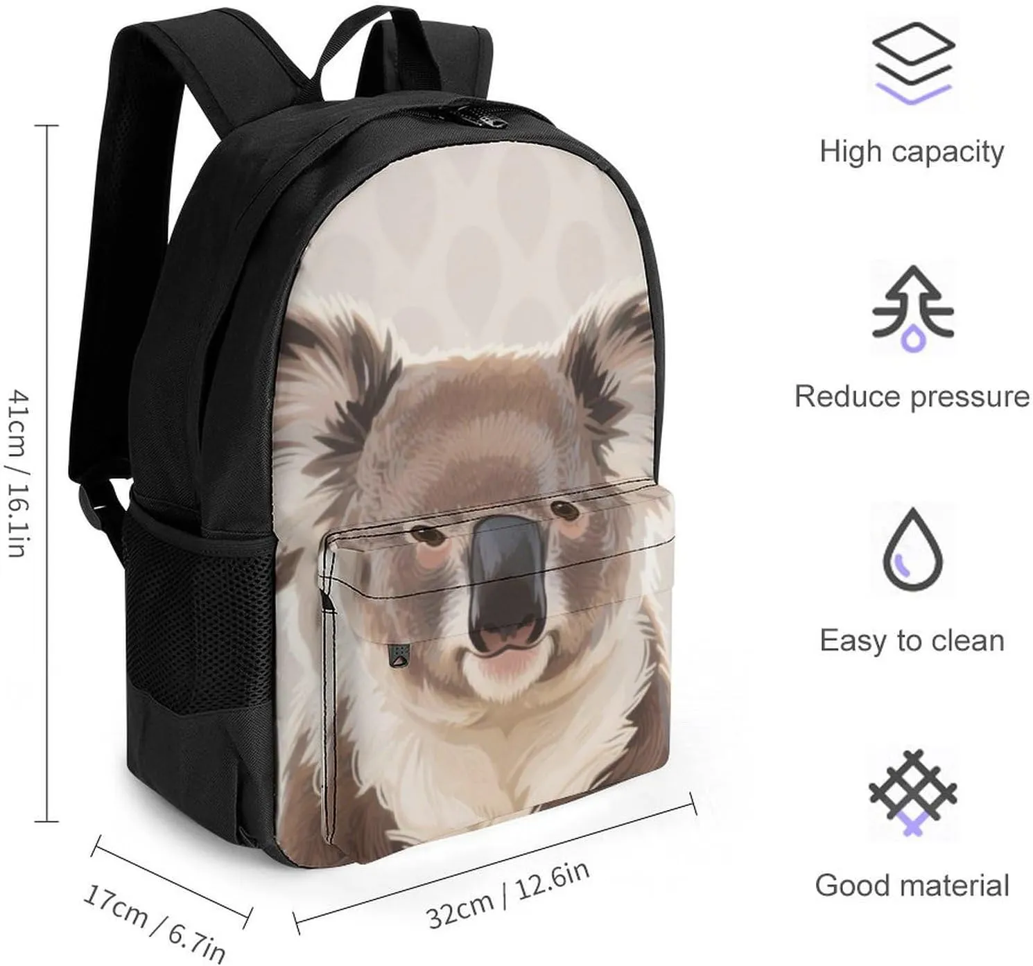 Men Women Polyester Cute Cartoon Koala Art Daypack Bookbag Big Capacity Shoulder Bag With Padded Straps for Climbing Travel Walking Cycling