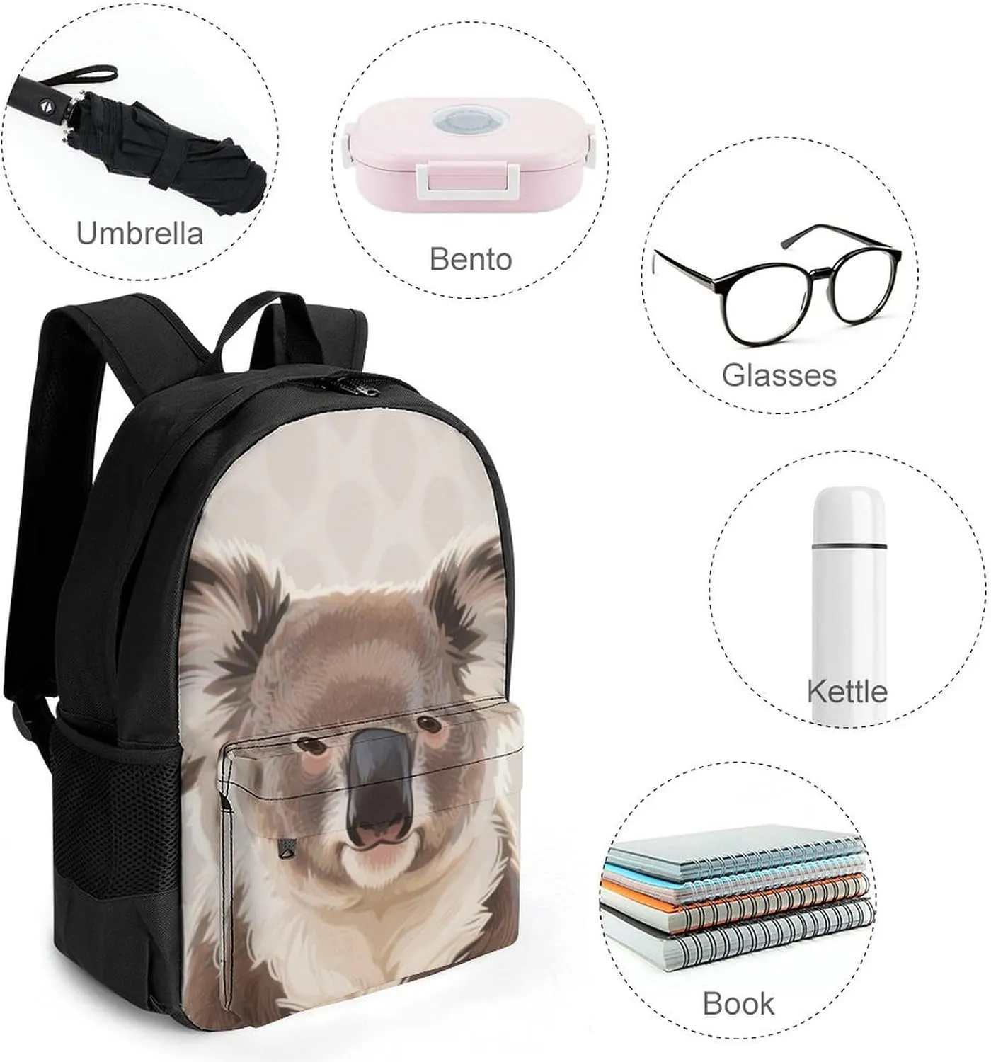 Men Women Polyester Cute Cartoon Koala Art Daypack Bookbag Big Capacity Shoulder Bag With Padded Straps for Climbing Travel Walking Cycling