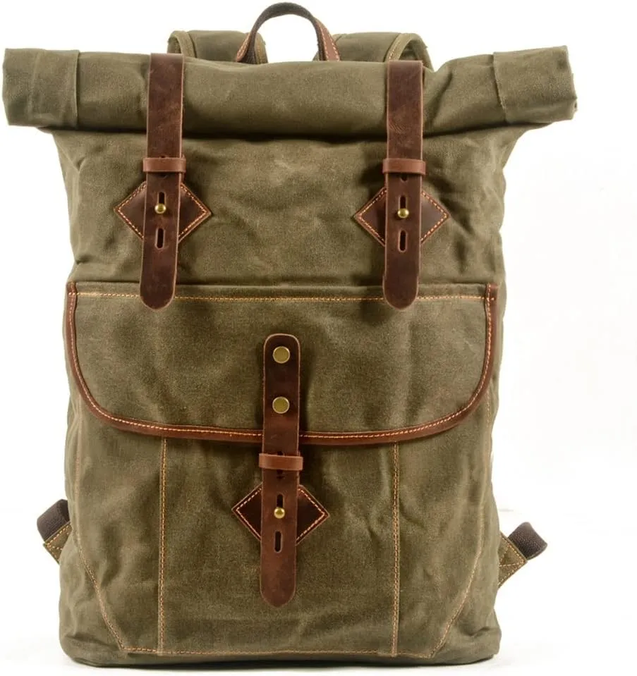Men's American Retro Roll Top Backpack Canvas with Leather Backpack Large Capacity Outdoor Travel Hiking Bag