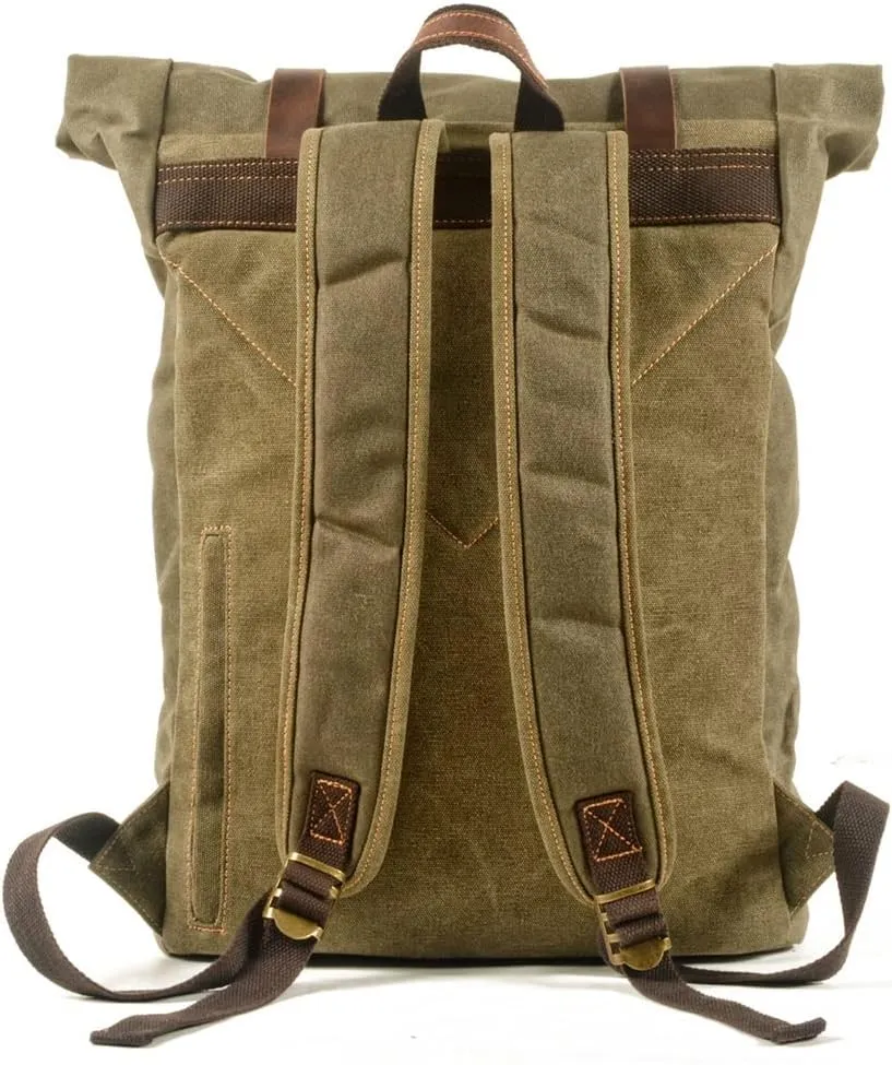 Men's American Retro Roll Top Backpack Canvas with Leather Backpack Large Capacity Outdoor Travel Hiking Bag