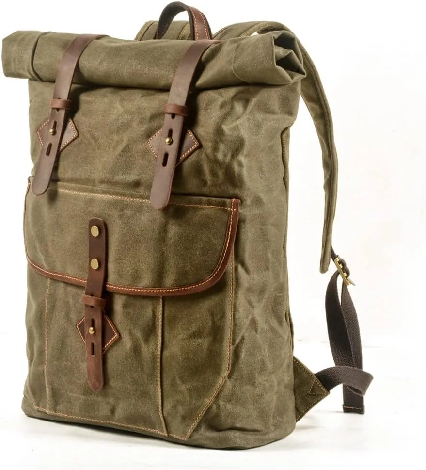 Men's American Retro Roll Top Backpack Canvas with Leather Backpack Large Capacity Outdoor Travel Hiking Bag
