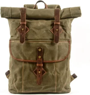 Men's American Retro Roll Top Backpack Canvas with Leather Backpack Large Capacity Outdoor Travel Hiking Bag