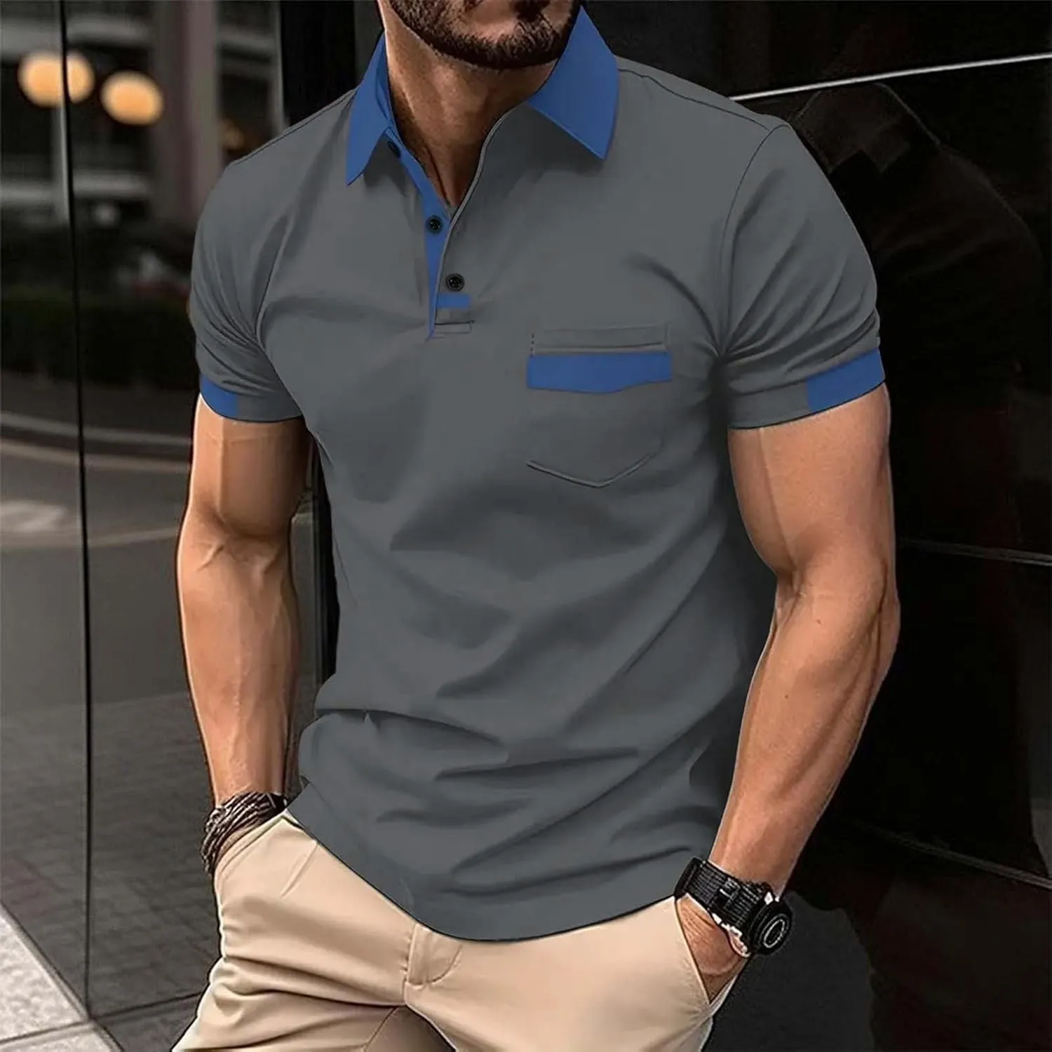Mens and Summer Casual Short Sleeved Lapel Solid Color Short Sleeved T Shirt Tops Classic