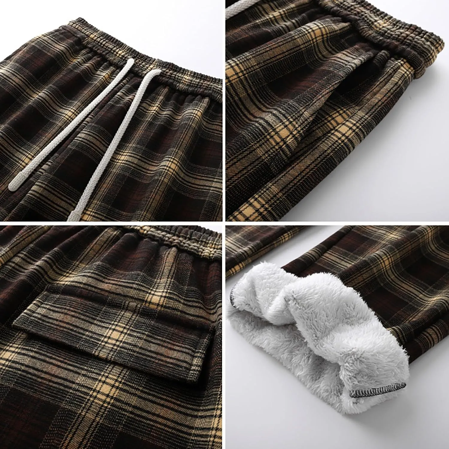 Mens Flannel Plaid Pants Sherpa Fleece Lined Drawstring Wide Leg Casual Sweatpants Winter Warm Lounge Trousers