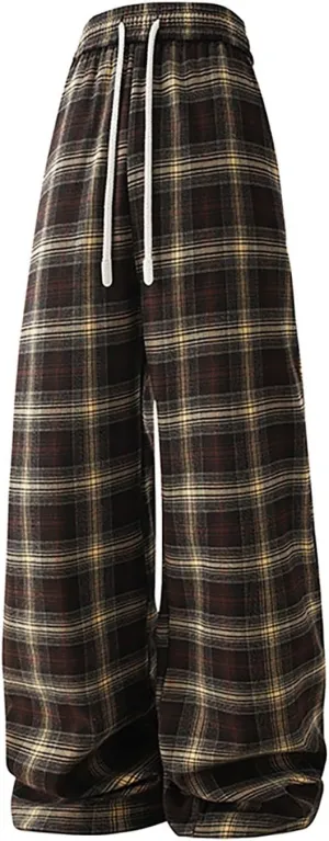Mens Flannel Plaid Pants Sherpa Fleece Lined Drawstring Wide Leg Casual Sweatpants Winter Warm Lounge Trousers