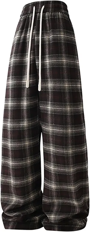 Mens Flannel Plaid Pants Sherpa Fleece Lined Drawstring Wide Leg Casual Sweatpants Winter Warm Lounge Trousers