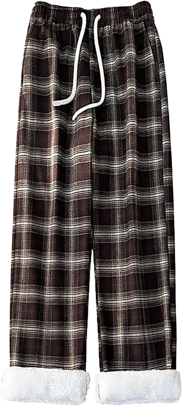 Mens Flannel Plaid Pants Sherpa Fleece Lined Drawstring Wide Leg Casual Sweatpants Winter Warm Lounge Trousers