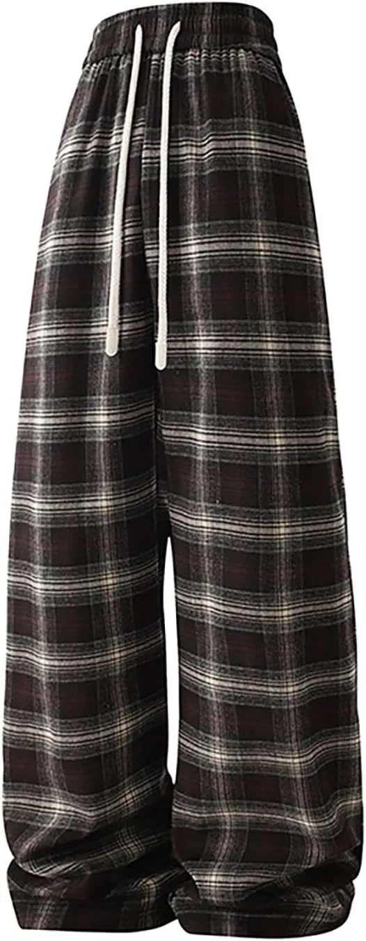 Mens Flannel Plaid Pants Sherpa Fleece Lined Drawstring Wide Leg Casual Sweatpants Winter Warm Lounge Trousers